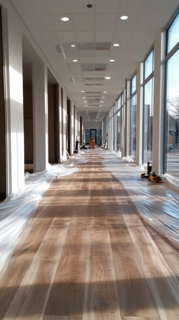 newly installed hardwood floors in a modern building corridor